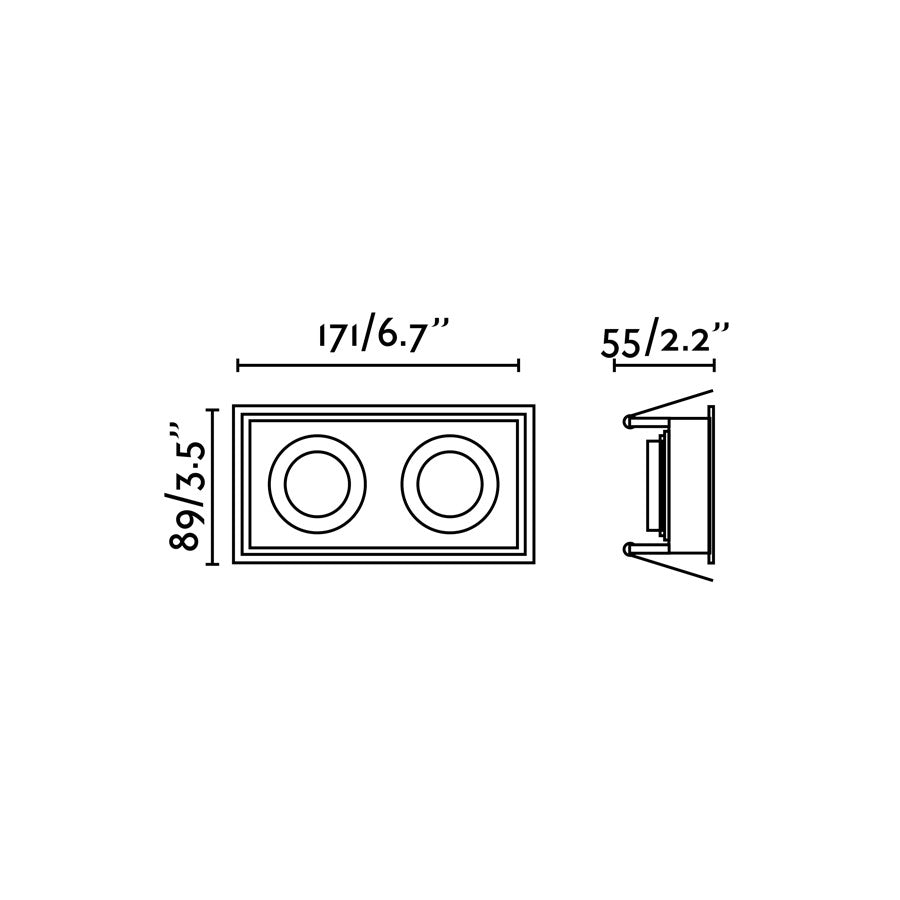 Diagrama de medidas de la luminaria empotrable HYDE SQ 2L blanco mate cuadrado de FARO modelo 40124, iluminación interior minimalista en acero para techo con IP44 y casquillo GU10 LED serie 4011