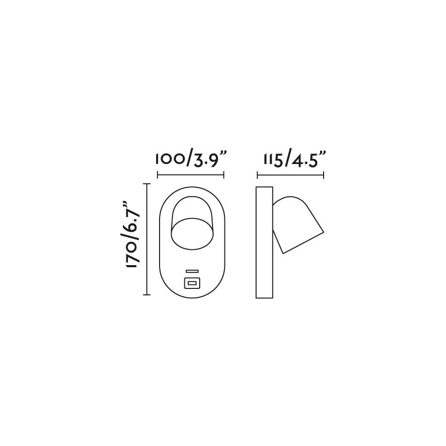Medidas y dimensiones del aplique de pared CORB USB A en blanco de FARO modelo 40135, luminaria de superficie en aluminio para interior con puerto USB, ideal para dormitorios y hoteles