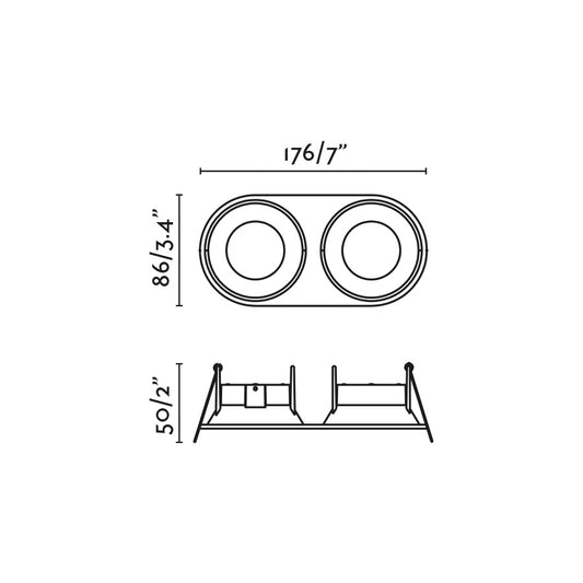 Diagrama de medidas de la luminaria empotrable GAS 2L en negro mate de FARO modelo 43421, luminaria interior de aluminio con LED GU10 para iluminación moderna en techos de cocinas y pasillos
