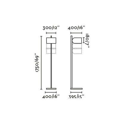 Diagrama de medidas de la lámpara de pie STAND UP negra y lino de FARO modelo 57211-04, altura regulable, diseño moderno en aluminio mate para iluminación de salón interior