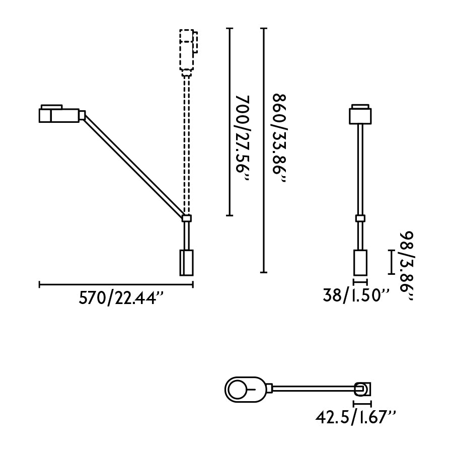 Medidas detalladas del aplique de pared LED Inviting Amarillo FARO modelo 57320, diagrama de dimensiones para luminaria superficie interior regulable en aluminio, ideal para lectura y estudio.