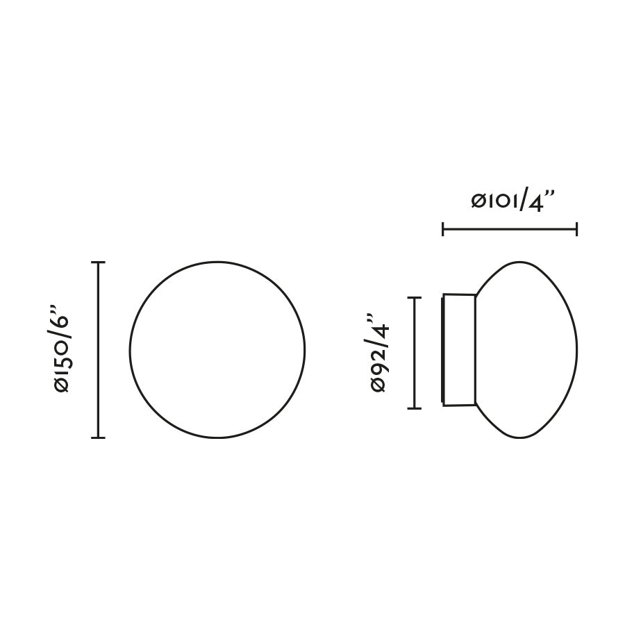 Diagrama de medidas del Aplique Plafón NUBO 150 Negra de FARO modelo 60009, luminaria LED superficie IP44 en negro mate para baño y pasillo interior