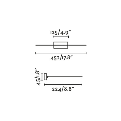 Diagrama de medidas y dimensiones de la Lámpara Iluminacuadros MAGRITTE 450 en Oro Viejo, modelo FARO 61084-110, luminaria superficial LED orientable para iluminación de arte y decoración minimalista en interiores.