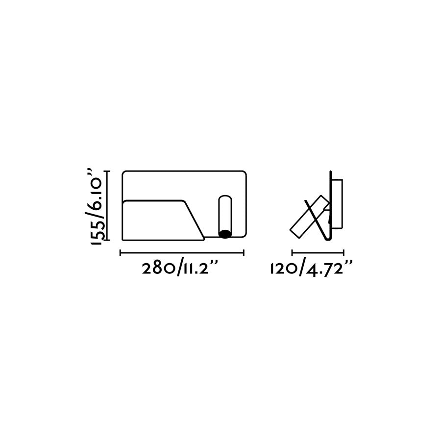 Diagrama de medidas del aplique de pared SUAU USB A Gris FARO serie 6213 modelo 62125, luminaria LED interior de superficie en plata mate para mesilla de noche e iluminación funcional