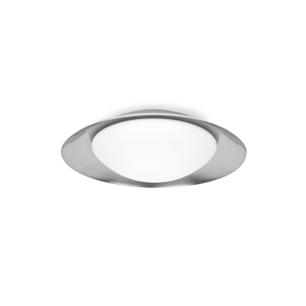 Plafon SIDE 390 blanco mate y níquel 15W LED luz cálida, luminaria de superficie FARO modelo 62141, diseño acero y cristal para iluminación interior