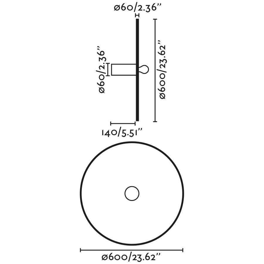 Diagrama de medidas del Aplique Plafón COSTAS 600 H140 Negro Mate con Ratán de FARO, modelo 62174-69, luminaria de superficie interior mediterránea para apliques de pared y plafón de techo.