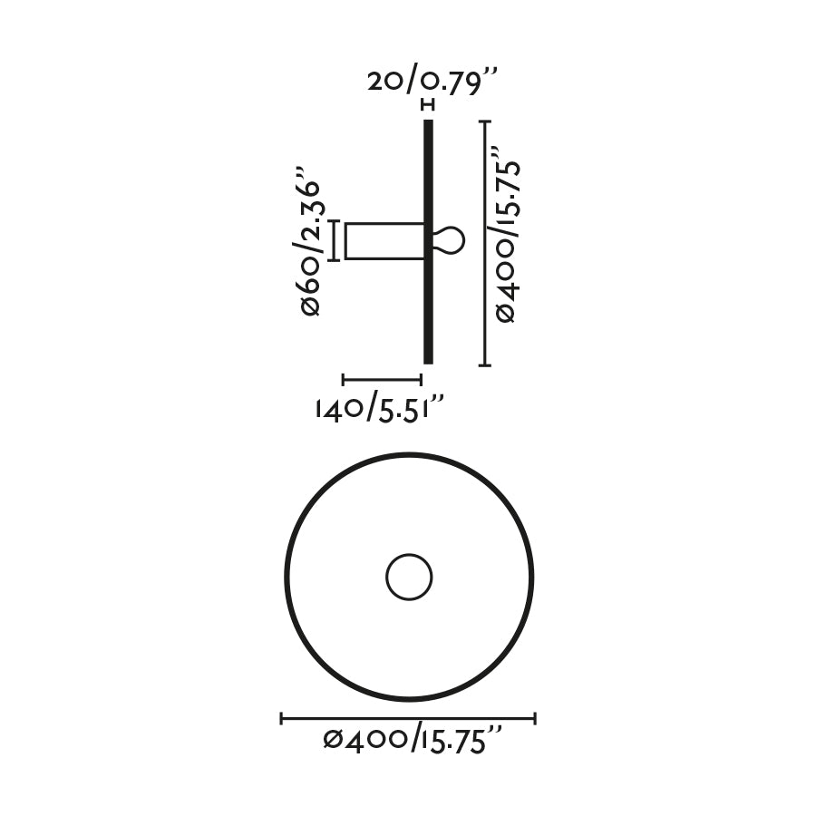 Diagrama de medidas del aplique plafón COSTAS 400 H140 negro ratán de FARO 62174-78, luminaria superficie para pared interior mediterráneo contract