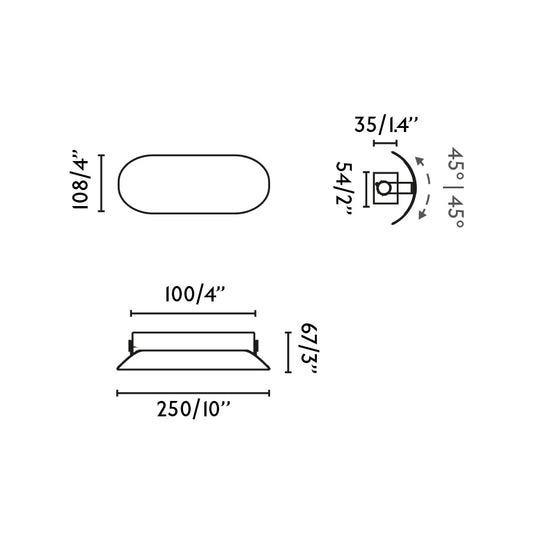 Medidas detalladas del aplique de pared NOVO 250 Negro mate FARO serie 6274, luminaria superficie LED SMD para interior, iluminación hogar con luz orientable y acero duradero, modelo 62717
