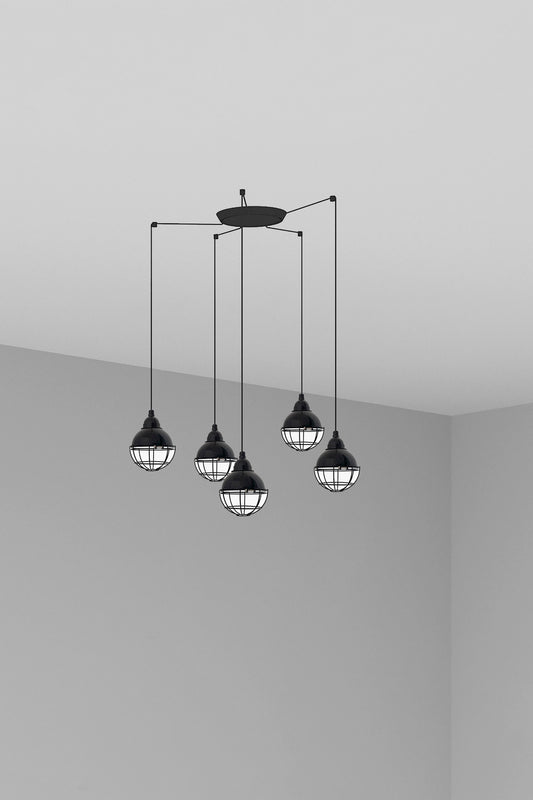 Luminaria colgante Claire 5L negra de acero, estilo náutico industrial para interior salón - FARO 62802-5L