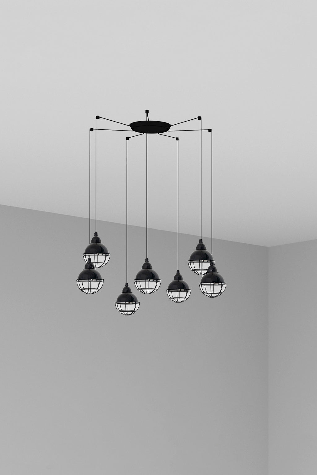 Luminaria colgante Claire 7L negra de Faro, diseño vintage náutico de acero inoxidable para interior, suspensión ideal para salón, modelo 62802-7L