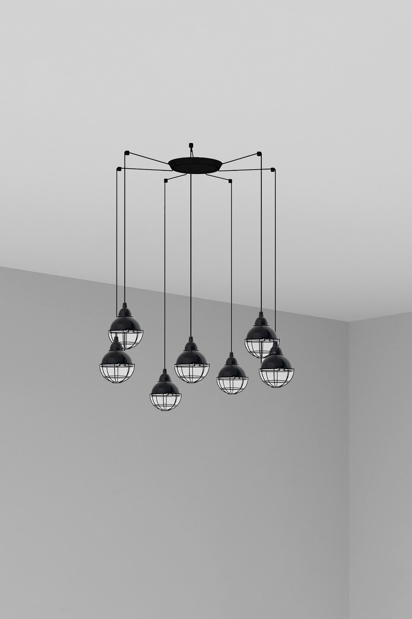 Luminaria colgante Claire 7L negra de Faro, diseño vintage náutico de acero inoxidable para interior, suspensión ideal para salón, modelo 62802-7L