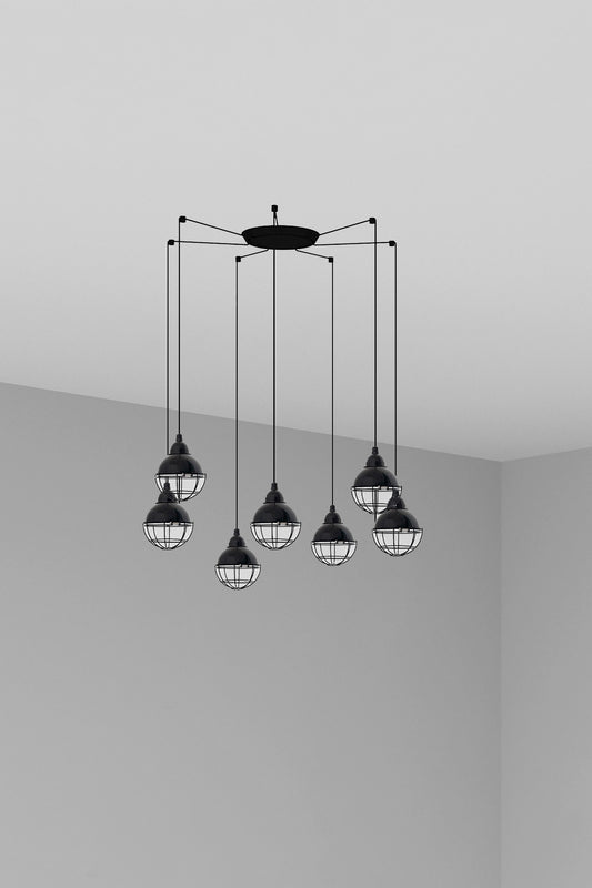 Luminaria colgante Claire 7L negra de Faro, diseño vintage náutico de acero inoxidable para interior, suspensión ideal para salón, modelo 62802-7L