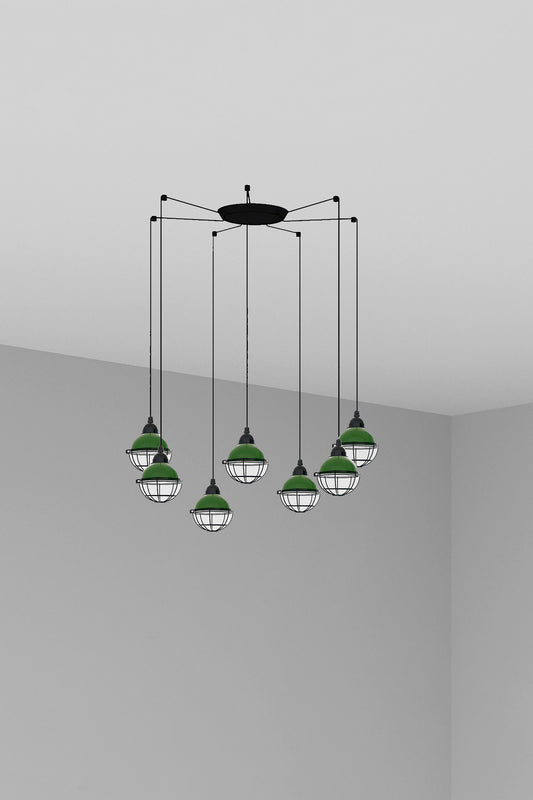 Luminaria colgante CLAIRE 7L verde FARO colección 6281, estilo vintage náutico en acero para iluminación interior hogar suspensión