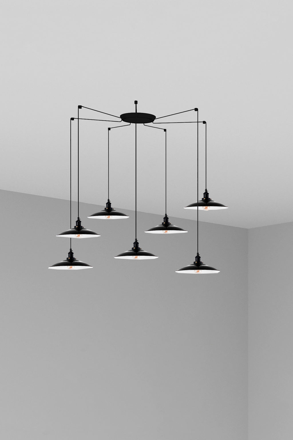 Luminaria colgante LANG 7L negra de FARO modelo 62804-7L, diseño moderno de acero para interior y comedor, compatible con bombillas E27 LED, suspensión elegante