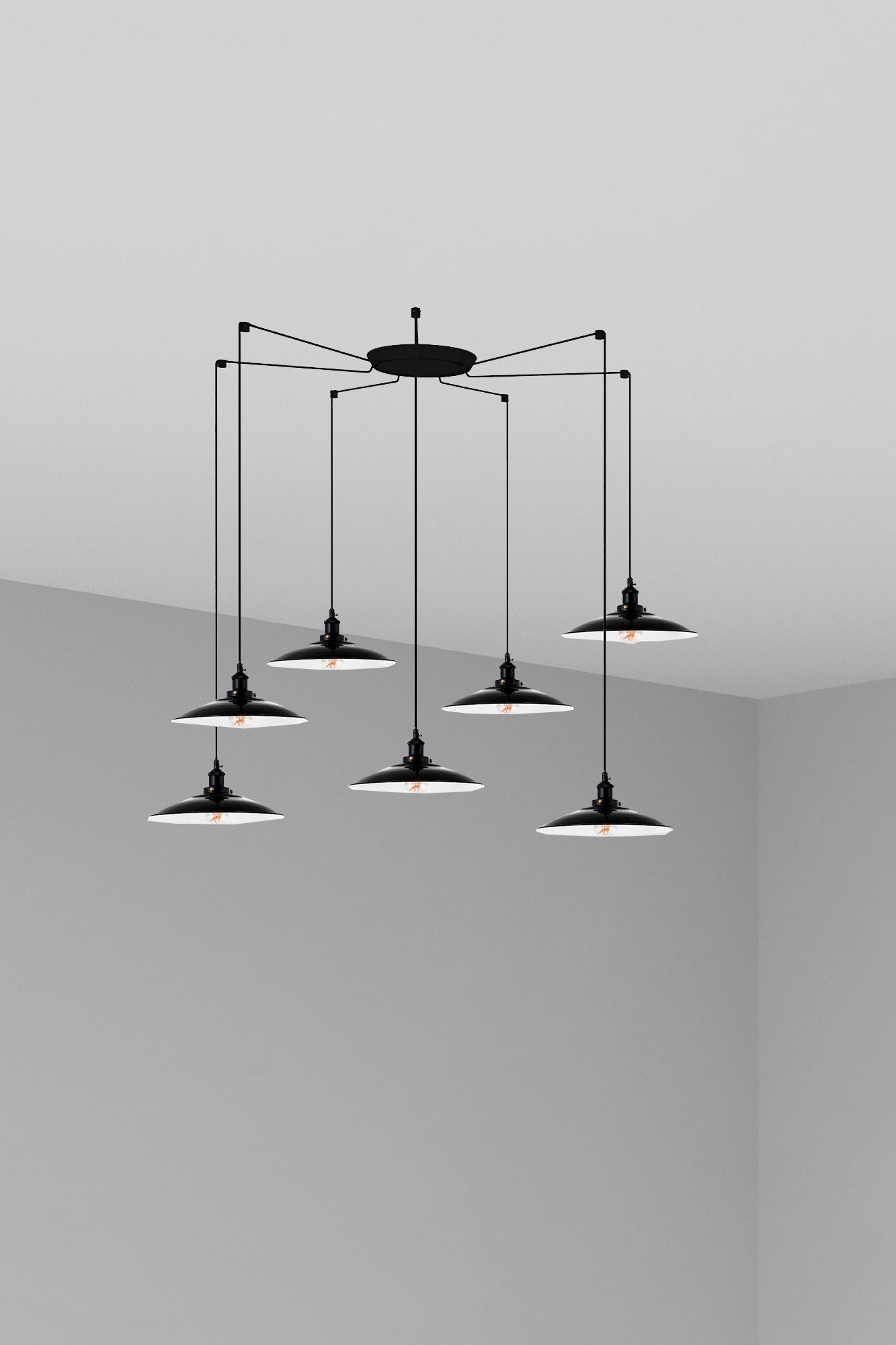 Luminaria colgante LANG 7L negra de FARO modelo 62804-7L, diseño moderno de acero para interior y comedor, compatible con bombillas E27 LED, suspensión elegante