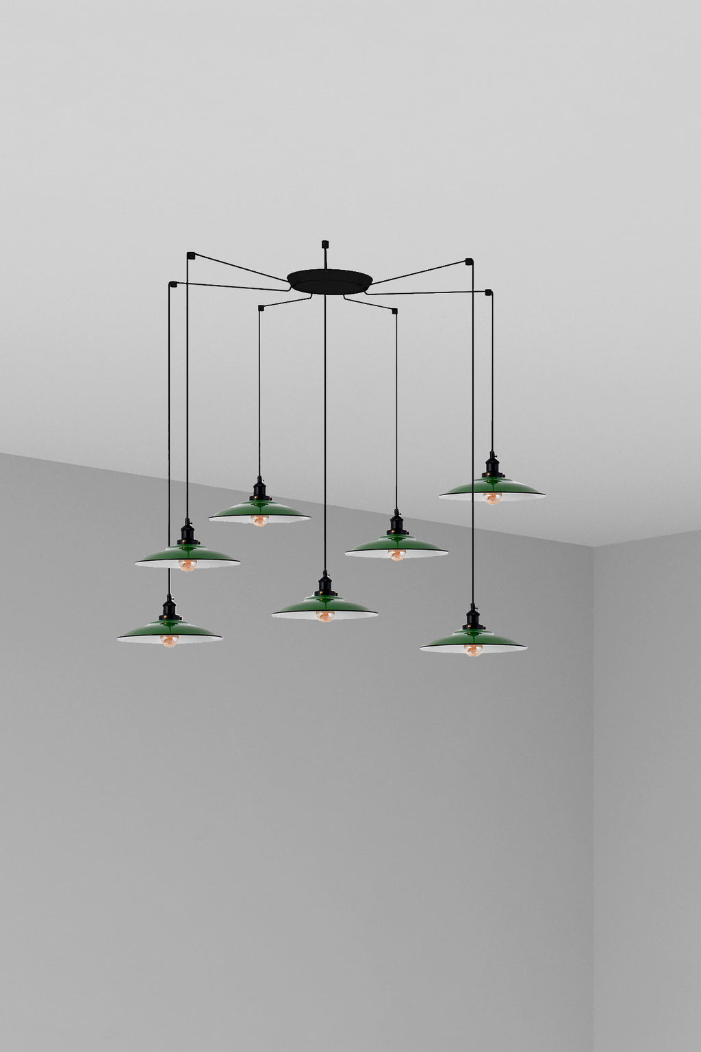 Lámpara colgante LANG 7L verde de FARO modelo 62805-7L, diseño moderno en acero para comedores interiores con 7 luces LED de suspensión