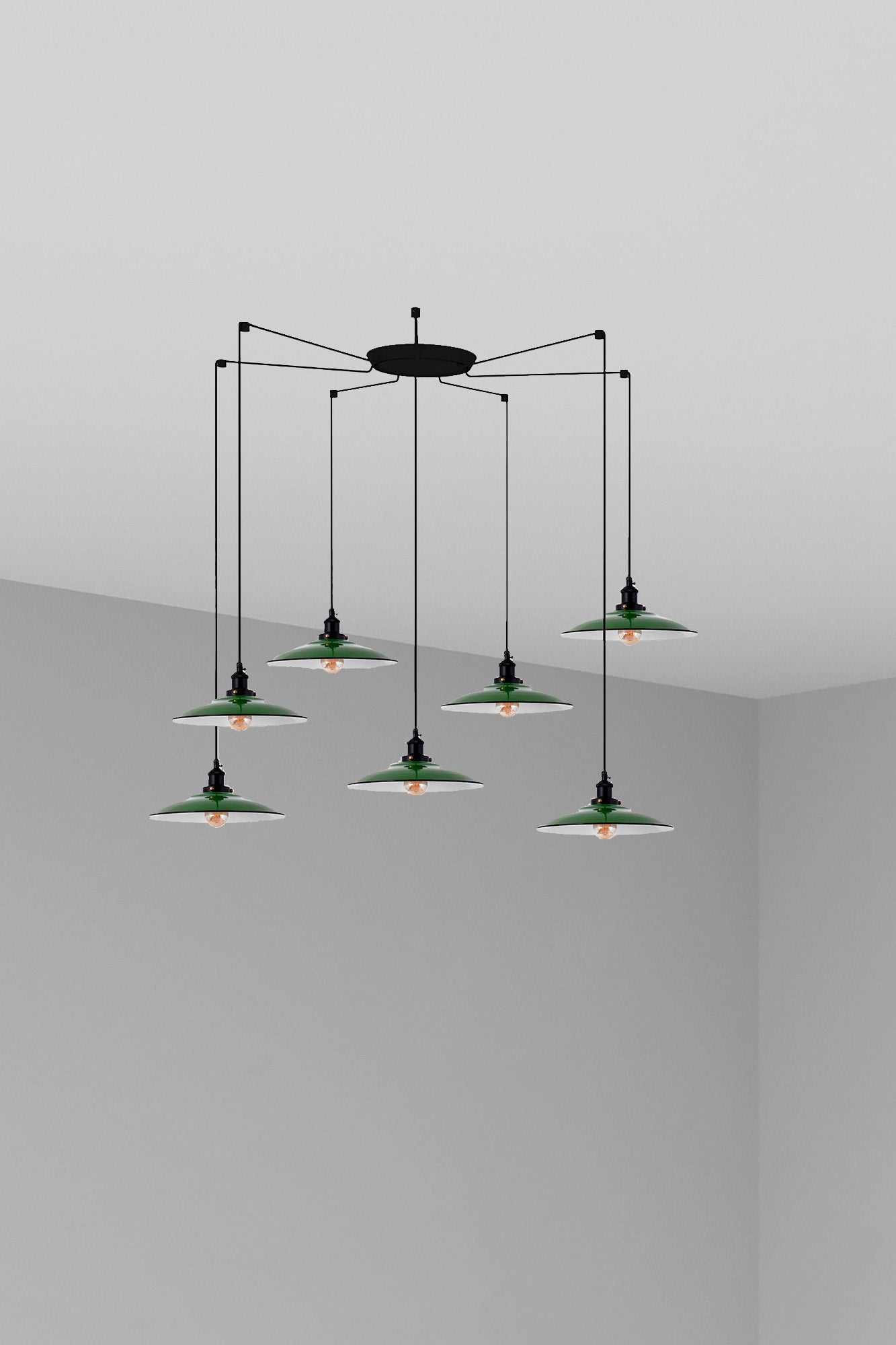 Lámpara colgante LANG 7L verde de FARO modelo 62805-7L, diseño moderno en acero para comedores interiores con 7 luces LED de suspensión