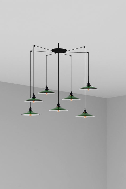 Lámpara colgante LANG 7L verde de FARO modelo 62805-7L, diseño moderno en acero para comedores interiores con 7 luces LED de suspensión