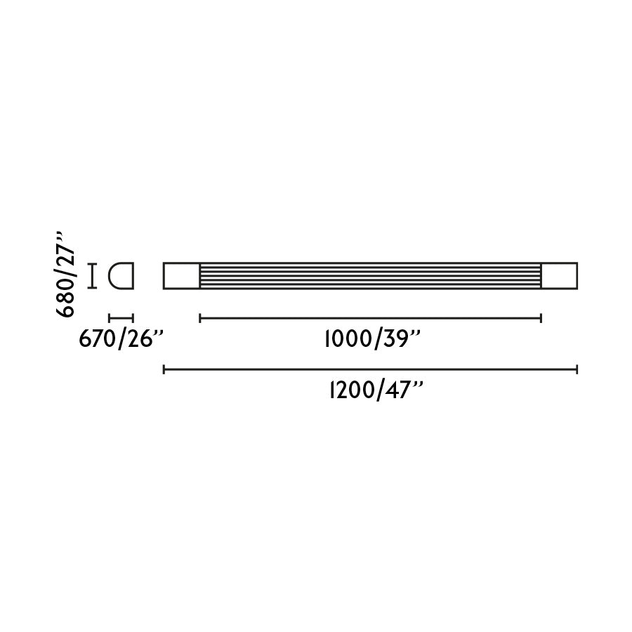 Diagrama de medidas y dimensiones del aplique de pared KIVA 1200 Cromado FARO 62836 en acero inoxidable LED para iluminación interior, luminaria de superficie 1200mm.