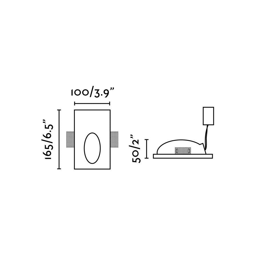 Medidas detalladas de la luminaria empotrable PLAS blanco oval de FARO modelo 63281, diseño en aluminio y yeso para iluminación LED cálida interior en el hogar