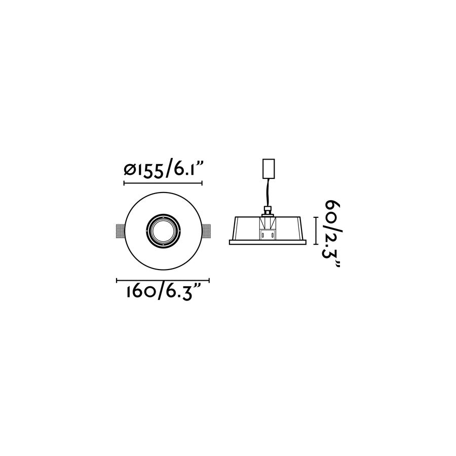 Diagrama de medidas de la Luz Empotrable NEU Blanco Mate FARO 63286, dimensiones para instalación en techo de yeso: diámetro, profundidad y altura de luminaria LED interior serie 2863 con casquillo GU5.3