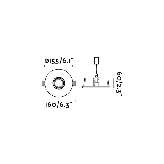 Diagrama de medidas de la Luz Empotrable NEU Blanco Mate FARO 63286, dimensiones para instalación en techo de yeso: diámetro, profundidad y altura de luminaria LED interior serie 2863 con casquillo GU5.3