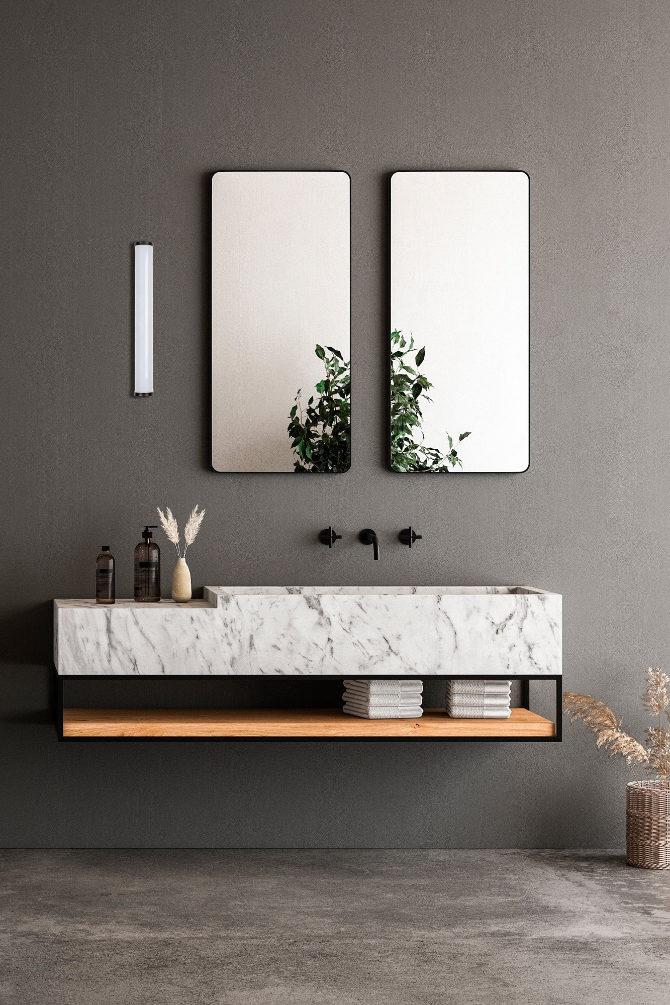 Aplique de pared TIDE 300 en negro mate 3000K de FARO (código 63520) en ambiente de baño interior, luminaria superficie LED eficiente para iluminación cálida y moderna