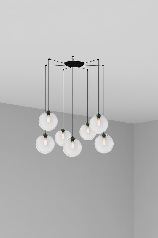 Lámpara colgante CLARA 7L transparente de FARO 64128-7L, diseño en cristal y acero negro mate para iluminación interior residencial y restaurantes