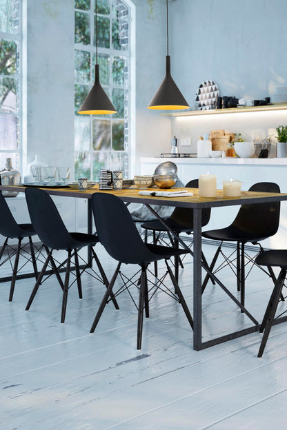 Lámpara colgante PAM 250 negra y oro FARO 64162 en ambiente salón interior, diseño contemporáneo LED con suspensión PMMA para iluminación decorativa