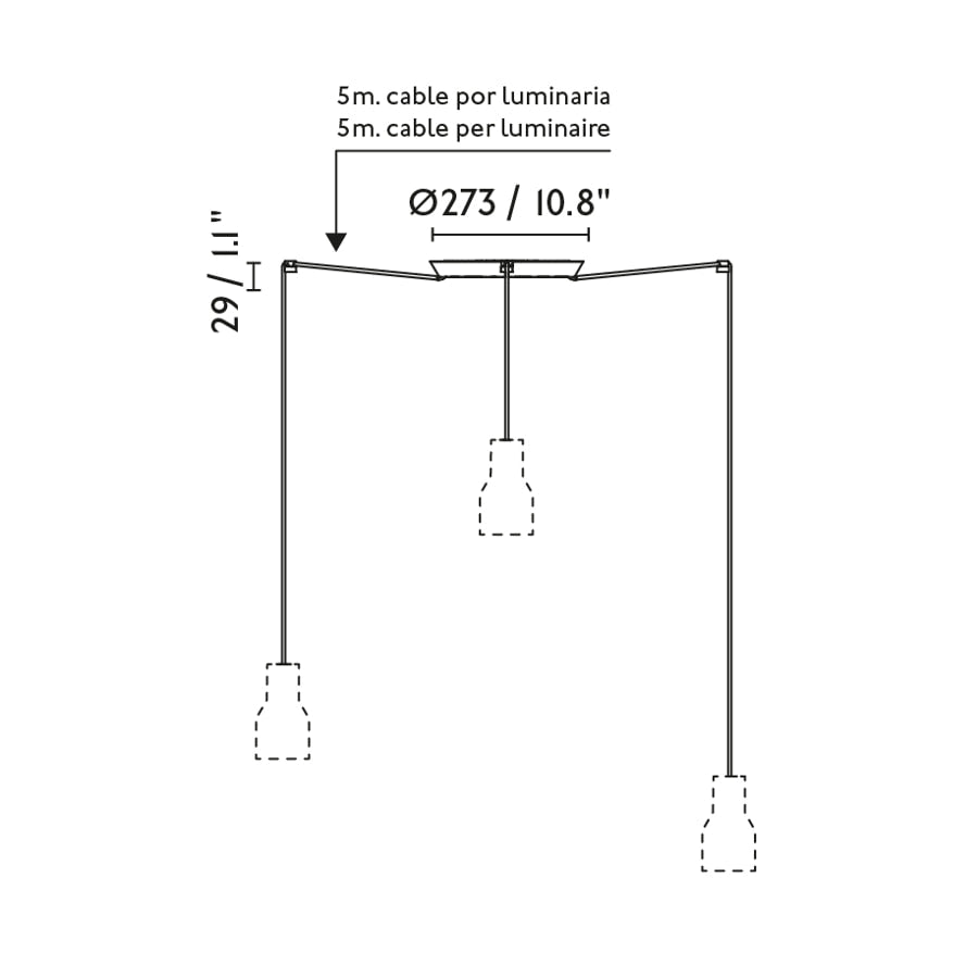 Diagrama de medidas Luminaria Colgante VENICE 3L Negra FARO 64255-112-3L, Colección 6437, suspensión techo interior en cerámica y acero, diseño artesanal para iluminación hogar