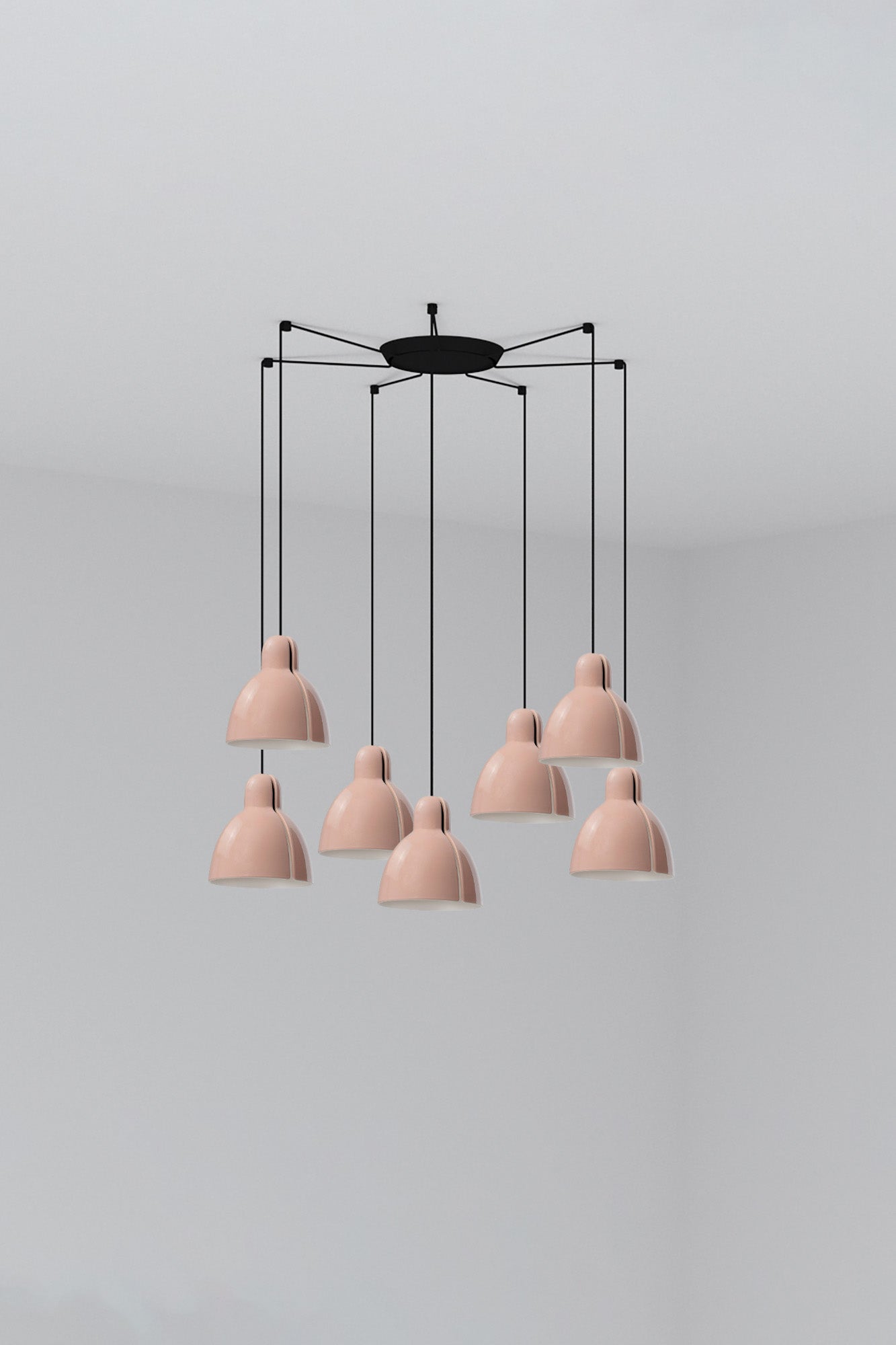 Luminaria colgante Venice 7L en color rosa de Faro, diseño artesanal en cerámica y acero para interior, suspensión con 7 luces LED.