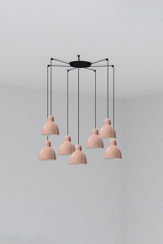 Luminaria colgante Venice 7L en color rosa de Faro, diseño artesanal en cerámica y acero para interior, suspensión con 7 luces LED.