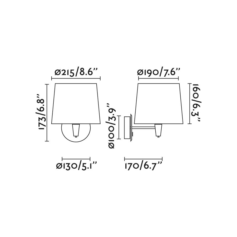 Diagrama de medidas del aplique de pared SAMBA Negro Mate/Beige FARO 64307-35, lámpara textil LED E27 para iluminación interior y hospitality, diseño Faro Lab
