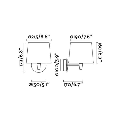 Diagrama de medidas del aplique de pared SAMBA negro mate y amarillo textil FARO 64307-36, iluminación interior superficie para habitaciones hospitality