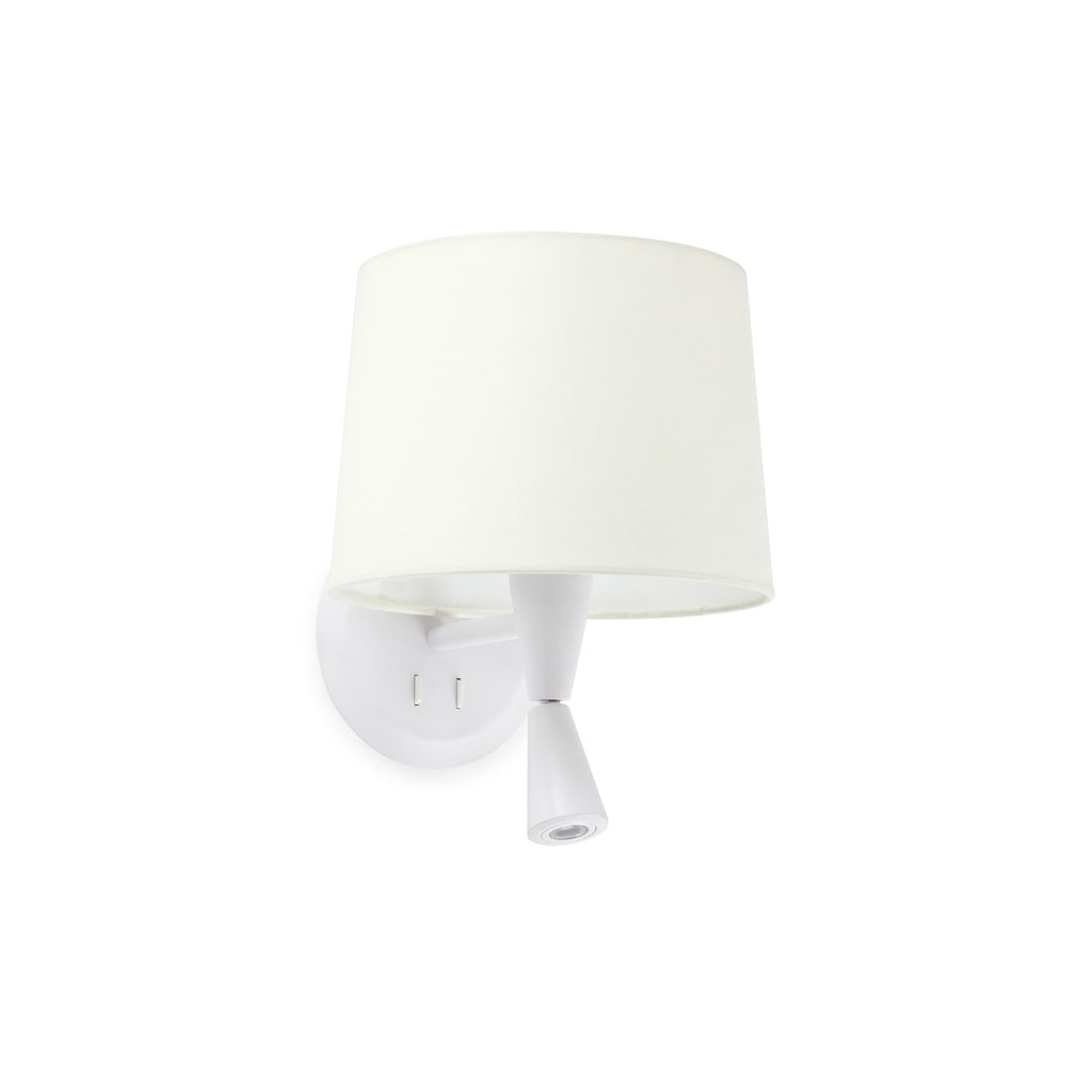 Aplique de pared CONGA con lector LED en blanco de FARO (64308-01), luminaria de superficie en acero y textil para iluminación interior, ideal para hospitality e interiorismo