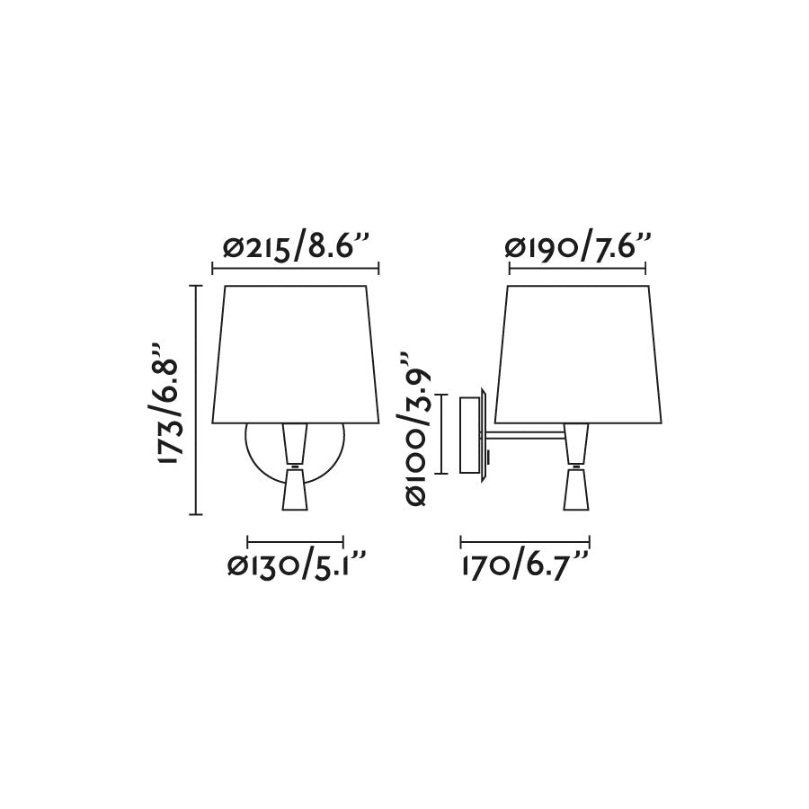 Diagrama de medidas del aplique de pared SAMBA Lector en blanco y verde de FARO (modelo 64308-37), luminaria interior de superficie para lectura en acero inoxidable y textil, ideal para hospitality