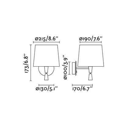 Diagrama de medidas del aplique de pared SAMBA Lector en blanco y verde de FARO (modelo 64308-37), luminaria interior de superficie para lectura en acero inoxidable y textil, ideal para hospitality