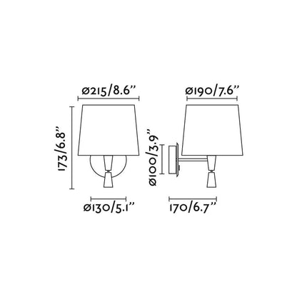 Diagrama de medidas y dimensiones del aplique de pared CONGA con lector negro/negro de FARO, modelo 64309-03, luminaria interior de superficie en acero y textil para lectura e iluminación hospitality