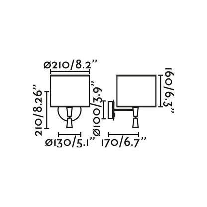 Diagrama de medidas del aplique de pared MAMBO con lector integrado, diseño negro mate y ratán, luminaria superficie interior FARO modelo 64309-47 para iluminación habitaciones e hospitality