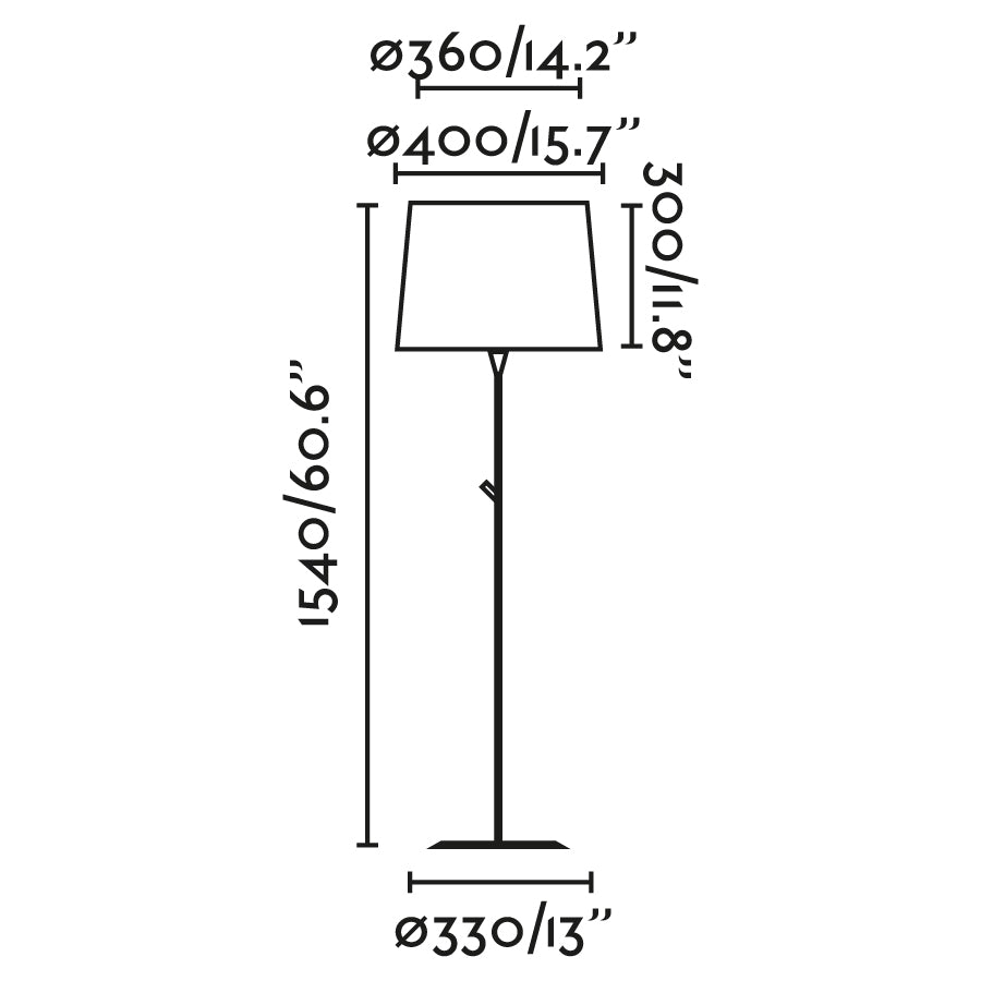 Diagrama de medidas de la lámpara de pie CONGA negra/negra de FARO modelo 64313-09, luminaria de superficie en acero y textil para iluminación interior hogar y hospitality