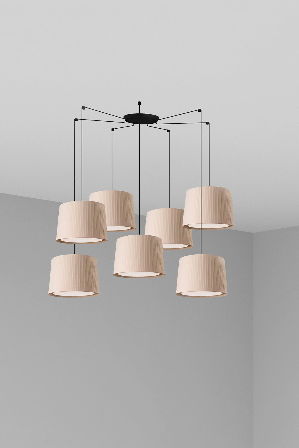 Lámpara colgante SAMBA 7L negra y beige de FARO, luminaria de suspensión de acero y textil para salas de estar, habitaciones e interiores hospitality