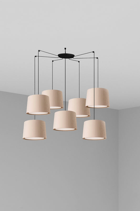 Lámpara colgante SAMBA 7L negra y beige de FARO, luminaria de suspensión de acero y textil para salas de estar, habitaciones e interiores hospitality