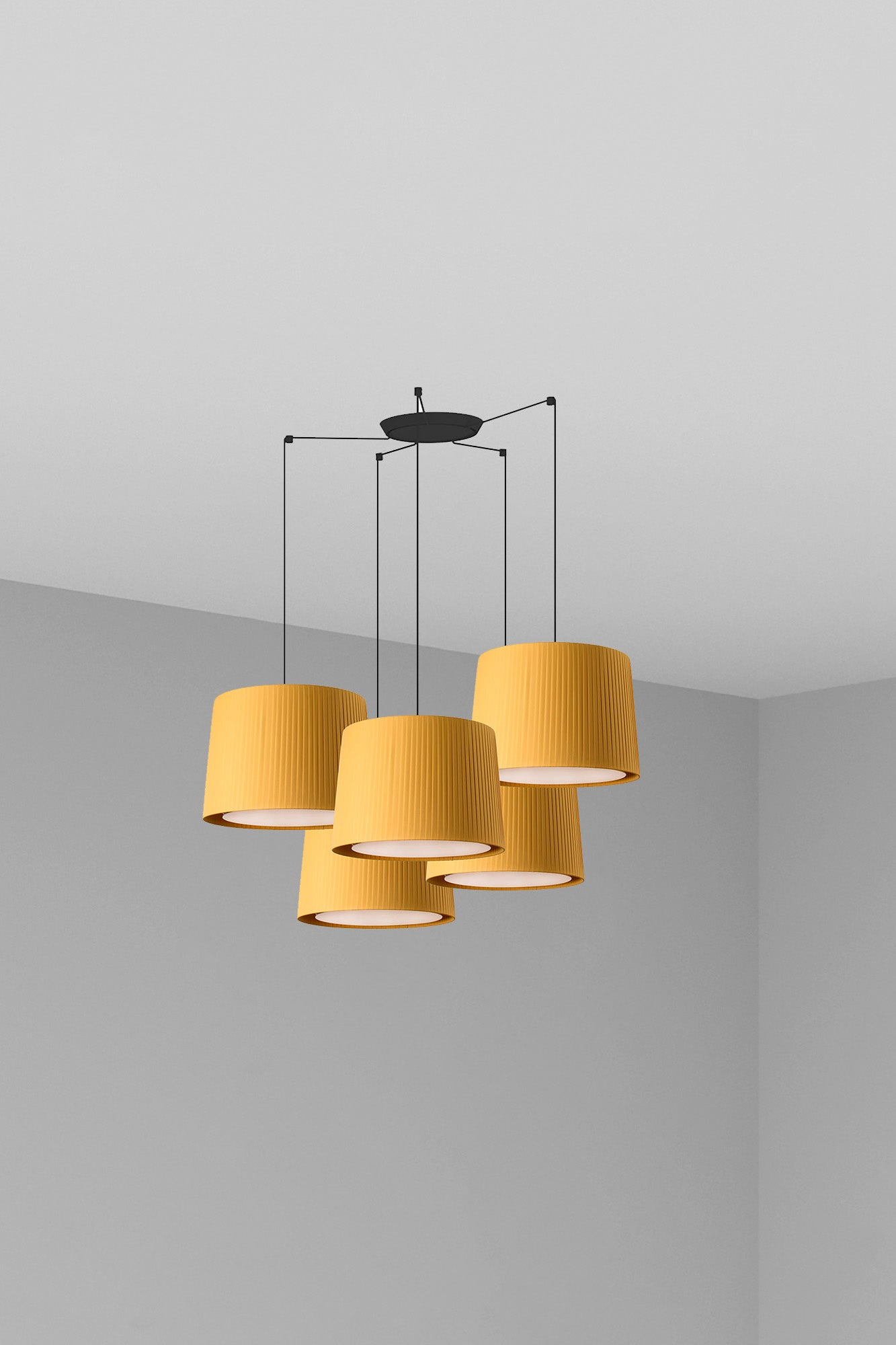 Lámpara colgante SAMBA 5L negra y amarilla de FARO, diseño moderno LED textil para iluminación interior y hospitality, modelo 64314-45-5L