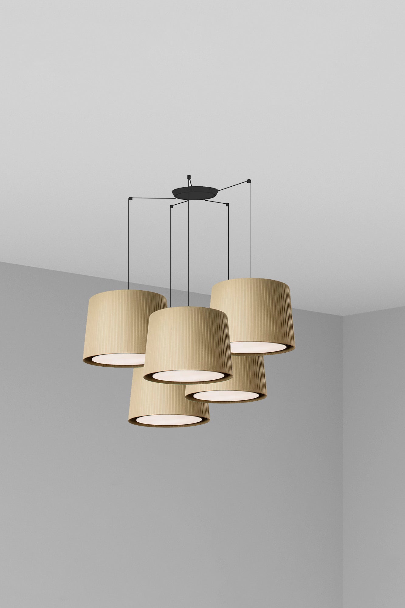 Lámpara colgante SAMBA 5L negra y verde FARO, luminaria de suspensión interior en acero y textil, ideal para salas de estar y hospitalidad con iluminación LED