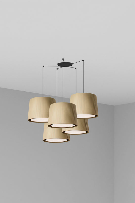 Lámpara colgante SAMBA 5L negra y verde FARO, luminaria de suspensión interior en acero y textil, ideal para salas de estar y hospitalidad con iluminación LED