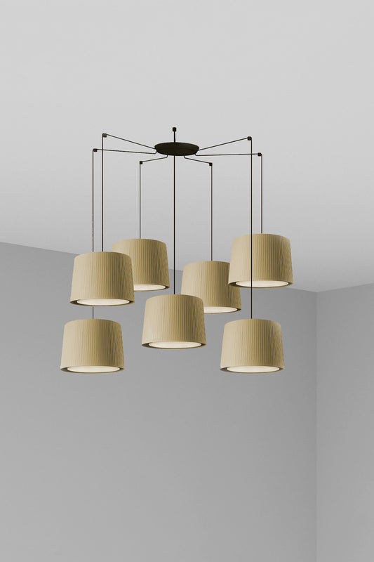 Lámpara colgante SAMBA 7L de FARO en negro y verde, diseño interior de textil y acero para hospitality, iluminación LED E27, modelo 64314-46-7L