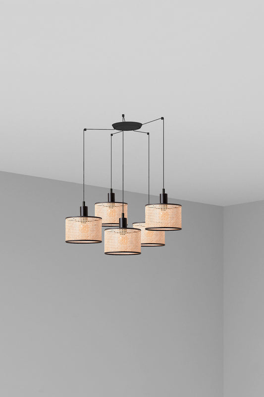 Lámpara colgante MAMBO 210 5L negra con ratán de FARO (64314-47-5L) - Diseño moderno de suspensión con 5 luces para iluminación interior en hogar y hospitality