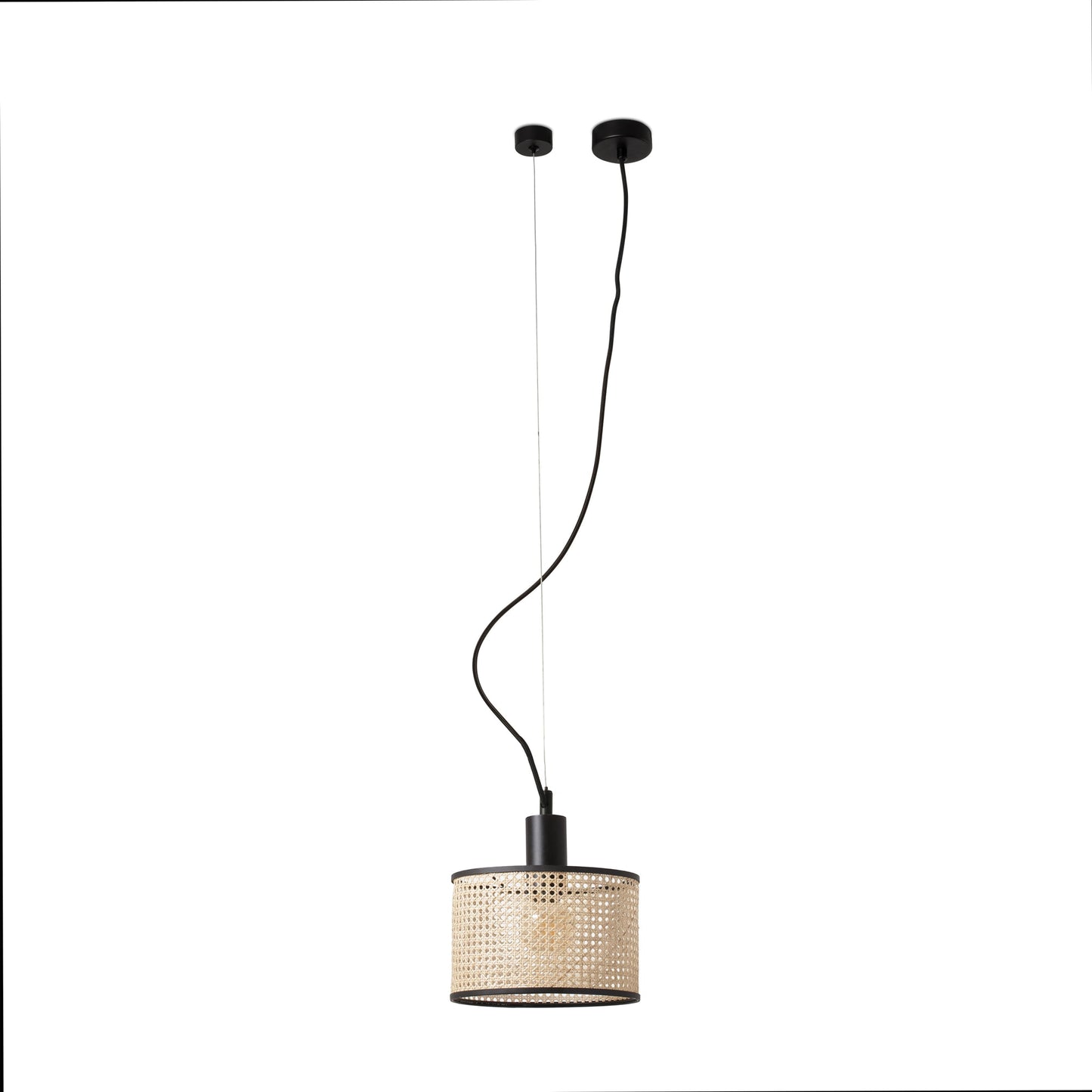 Lámpara colgante MAMBO 210 FARO en negro mate y ratán natural, diseño de suspensión interior para iluminación hospitality, bombilla E27 LED, acero, modelo 64314-47