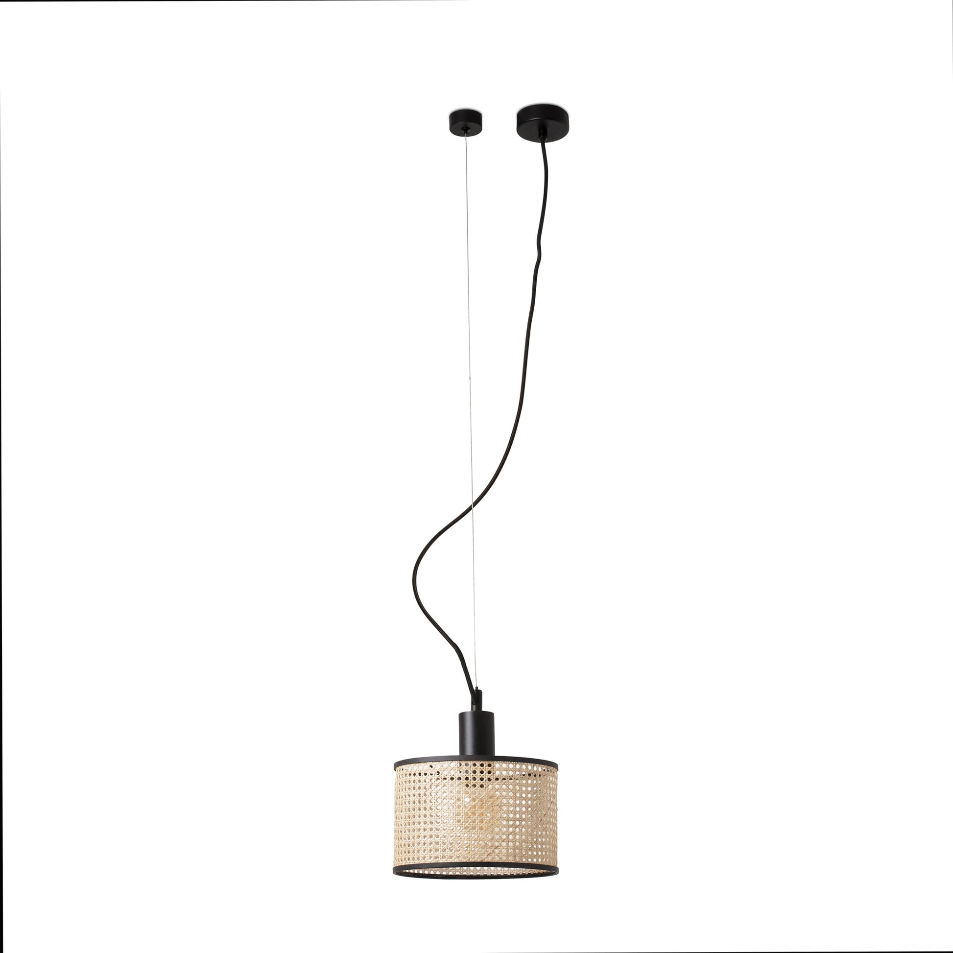 Lámpara colgante MAMBO 210 FARO en negro mate y ratán natural, diseño de suspensión interior para iluminación hospitality, bombilla E27 LED, acero, modelo 64314-47