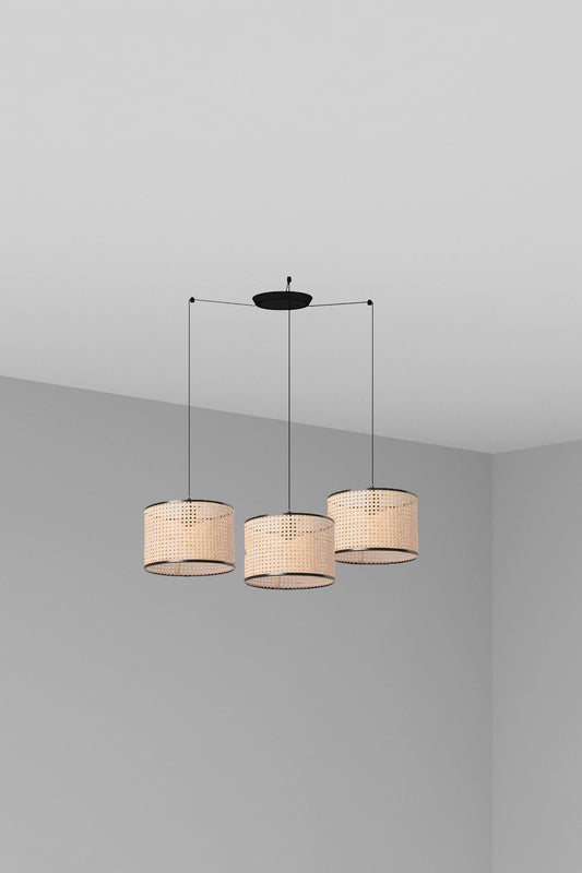 Lámpara colgante MAMBO 320 3L de FARO en negro mate y ratán natural, diseño de suspensión para iluminación interior y hospitality con sockets E27 LED.